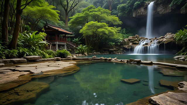 Beautiful hot spring scenery in the forest of Beito District, Taiwan