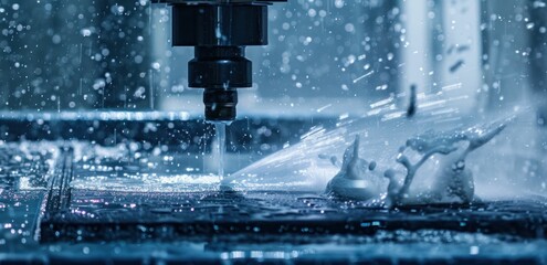 CNC machining process, water jet cutting technique, industrial manufacturing scene captured with dynamic water splashes and metal shavings, high tech backdrop in blue tones