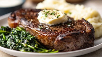 A mouthwatering steak dinner with a perfectly cooked ribeye, topped with a dollop of herb butter, served with garlic mashed potatoes and saut greens.