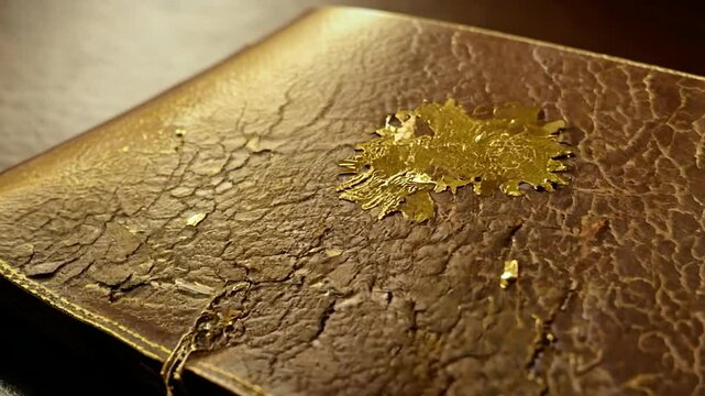 Exploring an intricate golden leaf design on a textured leather journal resting on a wooden surface