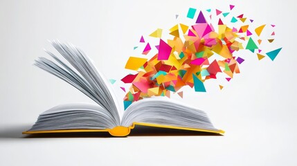 Open book with colorful geometric shapes flying out, symbolizing imagination, creativity, and knowledge. White background, vibrant colors.