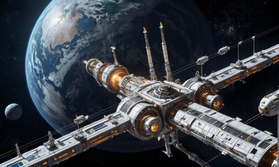 Obraz premium Futuristic Space Station Orbiting Earth