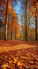Obraz premium Tranquil Autumn Forest Path with Golden Leaves and Blue Sky Background