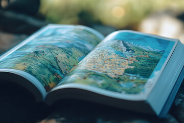 a travel guide open to a specific destination, with the focus on the excitement of discovering new places