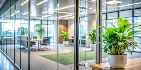 A Green Plant in a White Pot on a Wooden Desk with a Blurry Office Interior in the Background, Office Design, Interior Design, Plant Life