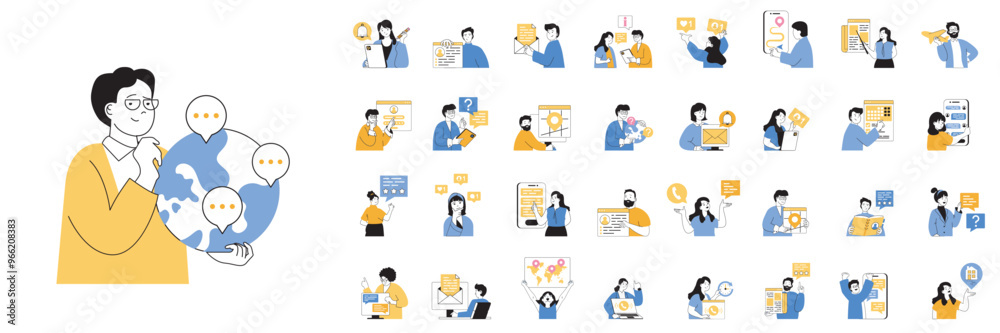 Poster Contact us concept mega set with character scenes in flat design for web. Bundle situations with people answering calls, chatting with clients, supporting and solving problems. Vector illustrations.