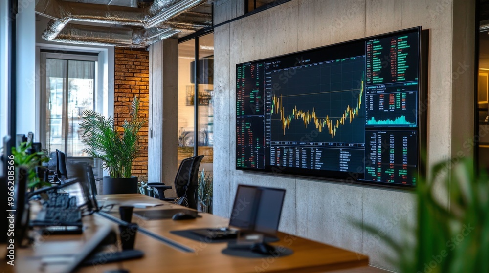 Poster a modern office with a large wall-mounted screen displaying a dynamic gold price chart, capturing re