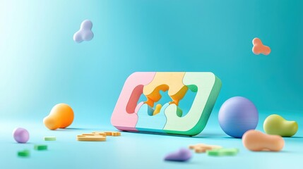 Colorful puzzle pieces and shapes scattered on a soft blue background, ideal for educational or creative themes.