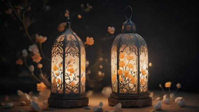 Glowing Lanterns with Flowers in Dark Room