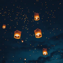 Tranquil Night Festival: Lanterns Floating in Sky with Negative Space Above