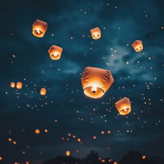 Illuminated Lanterns Glowing in Night Sky at Festival Floating with Negative Space Above for Copy Space or Concept of Hope and Celebration