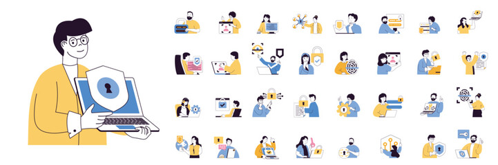 Cyber security concept mega set with character scenes in flat design for web. Bundle situations with people using protection system with identify scans, protecting with firewall. Vector illustrations.
