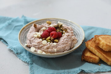 Raspberry Pistachio Oatmeal with White Chocolate Chips and Toast - Gourmet Breakfast Bowl