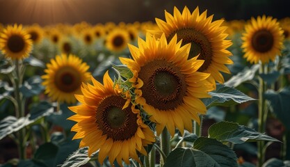 Fototapeta premium Vibrant Sunflowers at Sunset