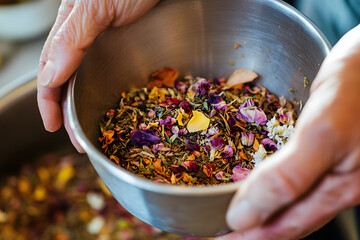 a person’s hands preparing an herbal tea blend, with dried flowers and herbs ready to be steeped