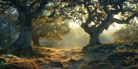 Sunlight filters through ancient trees casting a mystical glow in a serene forest landscape at dawn.