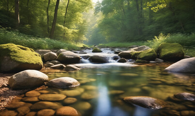 Fototapeta premium A clear stream flows through a lush forest, sunlight filtering through the leaves on a warm summer day