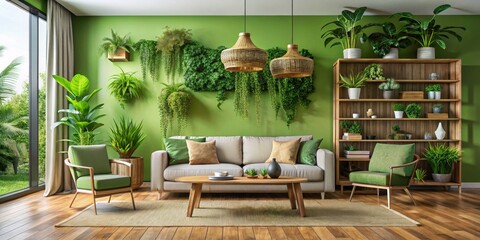Green Living Room with Woven Pendant Lights and Greenery, Living room, green, interior design
