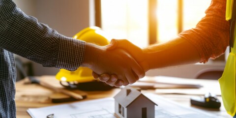 Successful Collaboration in Construction: Architects Sealing Lucrative Deal with Handshake. Blueprint and Model Showcase Ambitious Residential Project. Ideal for Marketing Campaigns, Cultural Insights