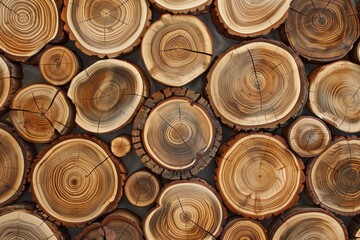 Various wooden tree rings, showcasing their natural patterns and textures. The circular slices display a range of colors from light beige to deep brown.