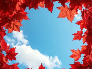 Vibrant Red Autumn Leaves Framing the Sky in Natural Negative Space