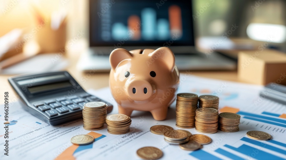 Poster a neatly arranged desk with a piggy bank, stacks of coins, and a calculator, set against a backdrop 