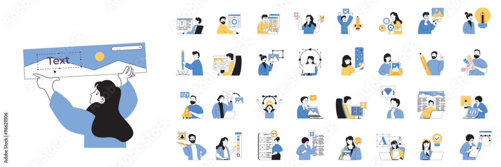 Aufkleber Design development concept set in flat design for web. Bundle situations with people creating interface layouts, selecting colors, drawing elements and content, making homepage. Vector illustrations.