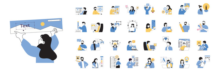 Design development concept set in flat design for web. Bundle situations with people creating interface layouts, selecting colors, drawing elements and content, making homepage. Vector illustrations.