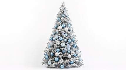 : Full Classic Christmas Tree Decorated with Pinecones and Gold Ribbon – Snowy Flocked Branches with Warm White Lights – Isolated on White Background – Elegant Holiday Decoration – Merry Christmas