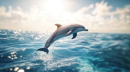 A playful dolphin leaping out of the clear blue ocean, with sunlight glistening on the water's surface and a scenic backdrop of a serene seascape.