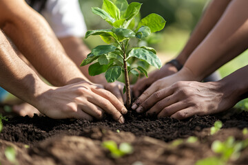 Fototapeta premium a diverse group of hands planting a tree together, with the focus on community effort and inclusion