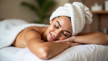 A woman rests contentedly on a massage table, enjoying a calming spa experience