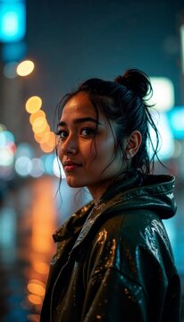 A woman gazes at the camera while raindrops glisten on her jacket in a vibrant urban setting