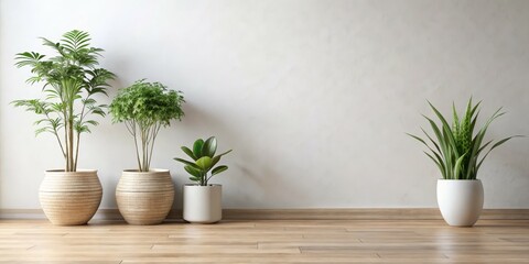 Fototapeta premium Minimalist Interior Design with Green Plants in Pots on Wooden Floor, Interior Design, Plant Decor, Home Decor
