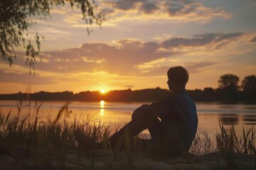 Man silhouette on the background of beautiful summer sunset. Orange sky. Guy is sitting in front of the river. Person sit on the river bank Man silhouette on the background of beautiful summer sunset.