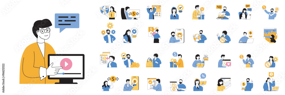Aufkleber Digital business concept set in flat design for web. Bundle situations with people create content plan, analyzing data, using marketing tools for attracting global clients. Vector illustrations.