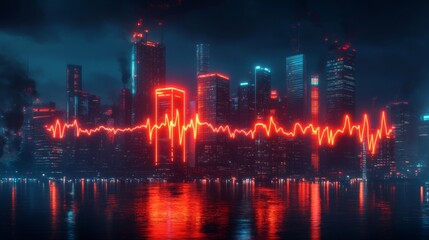 A night cityscape with neon lights forming the shape of EKG waves, symbolizing the pulse of urban life and the rhythm of the city.