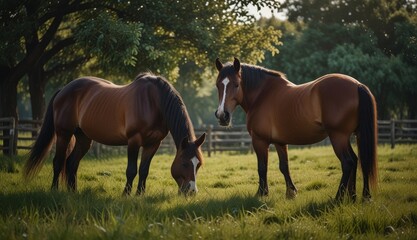 Fototapeta premium Serene Horses Grazing in Meadow