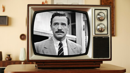 A cinematic medium shot of a vintage television set. The television is placed on a wooden stand. The screen displays a black and white image of a man with a mustache. The man is wearing a suit