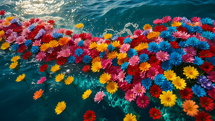 Summer wave of vibrant colors, ocean of flowers, heart of love, positive vibes