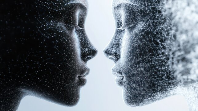 Two digital mesh heads facing each other in dark