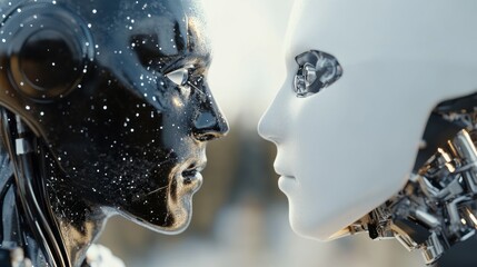 Black and white robots face off in a starlit embrace