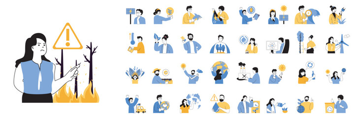 Ecology concept mega set with character scenes in flat design for web. Bundle situations with people stop forest fires, climate changes, using alternative energy, sorting waste. Vector illustrations.