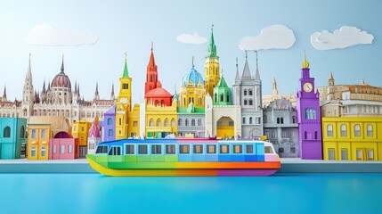 Colorful cut illustrations of a vibrant cityscape with a boat on the water, ideal for tourism design
