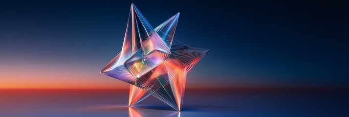 A 3D  of an abstract star-shaped fractal structure with intense color reflections. The object appears to be made of glass or crystal, with a vibrant, almost iridescent quality. The star is resting on 