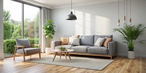 Fototapeta premium Modern Living Room Interior Design with Grey Sofa and Wooden Floor, 3D Render, Living Room, Interior Design, Modern