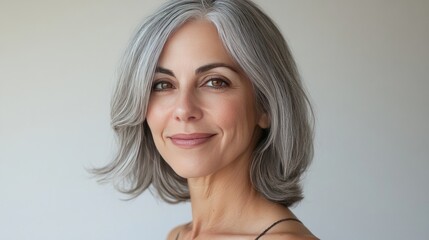 Naklejka premium A portrait of a mature woman with elegant gray hair and a warm smile, showcasing her healthy skin and timeless beauty against a simple, clean backdrop.