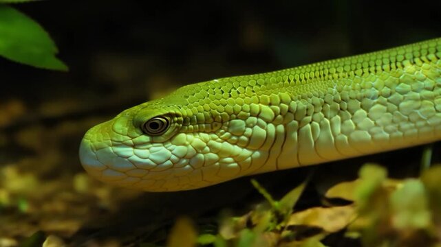 Vibrant green tree python navigates the rainforest floor, its scales catching the light as it moves through the undergrowth
