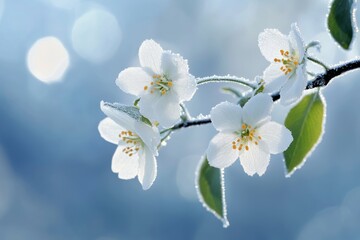 A beautiful close-up of delicate white flowers covered in frost, glistening in the morning sun. The flowers symbolize purity, new beginnings, hope, and resilience in the face of winter's harshness.