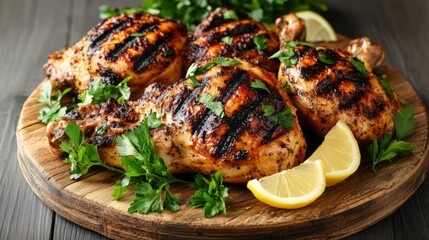 A perfectly grilled chicken served on a rustic wooden platter, with crispy skin and garnished with fresh herbs and lemon wedges, symbolizing delicious home-cooked food.